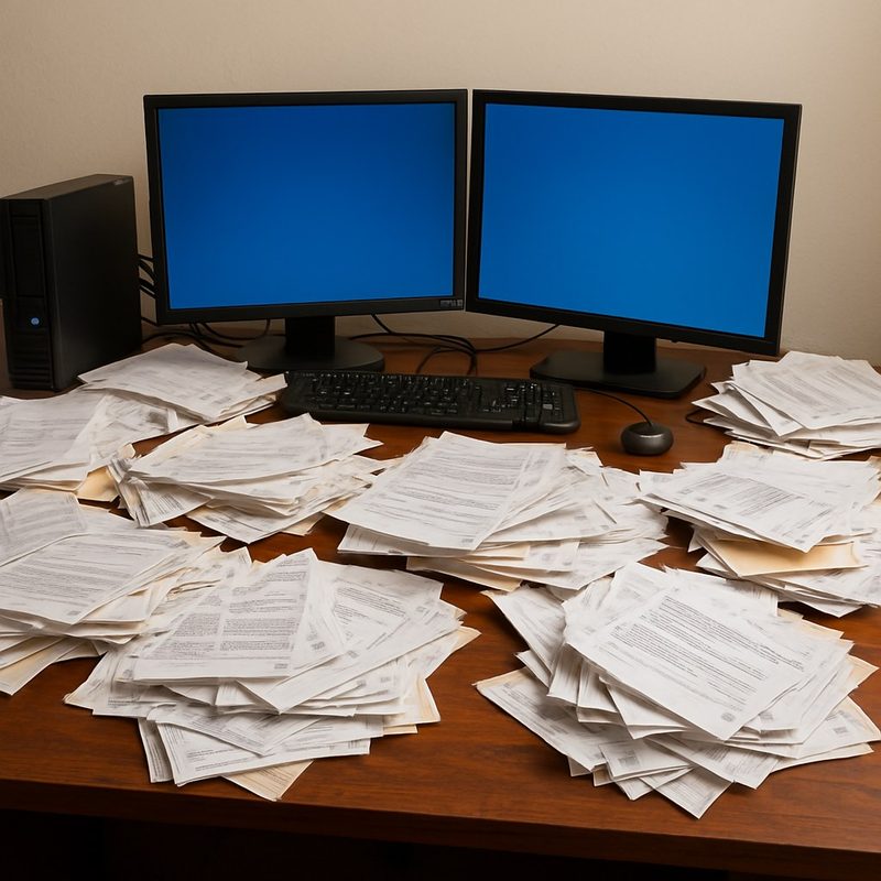 Two monitors showing blue error screens on a desk buried in paper