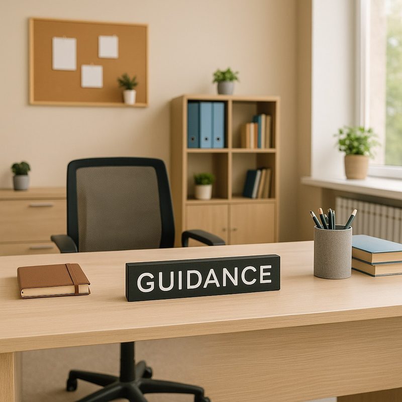 An empty office desk with a name plate reading GUIDANCE